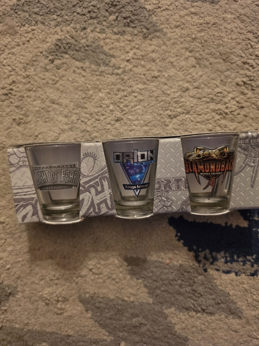 Kings Island Roller Coaster Souvenir Shot Glass Set 3-Pack Coaster Stats Boxed